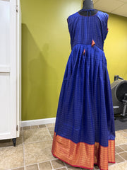 Royal Blue Long Anarkali Frock Dress with Gold Border, Attachable Sleeves, Adjustable Fit Bust 30-42