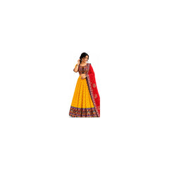 Yellow Bandhani Print Chaniya Choli, Red Mirror-Work Dupatta, 3 Piece Navratri Garba Festive Set