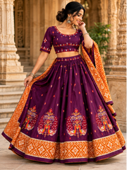 Wine Color Chaniya Choli, Peacock Embroidery, Mustard Bandhani Dupatta, 3 Piece Festive Set