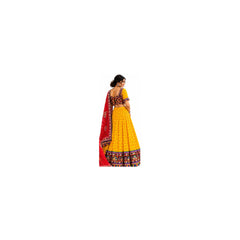 Yellow Bandhani Print Chaniya Choli, Red Mirror-Work Dupatta, 3 Piece Navratri Garba Festive Set