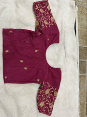 Readymade Stretchable Saree Blouse - Wine/Purple with Gold Paisley Embroidered Sleeves, Size 36-40