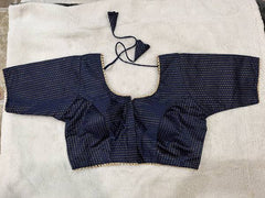 Readymade Stretchable Saree Blouse - Navy Dot Pattern with Pearl Trim, Size 36-40