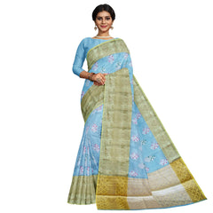 Talahi Collections Pastel Blue Floral Saree with Gold Jacquard Border - Party Wear Saree