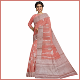 Talahi Collections Pastel Peach Silk Blend Woven Saree with Silver Border - Party Wear Saree