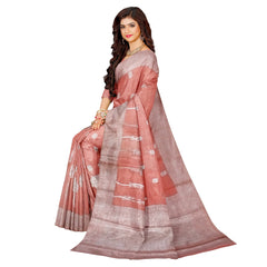 Talahi Collections Pastel Peach Silk Blend Woven Saree with Silver Border - Party Wear Saree