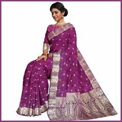 Talahi Collections Banarasi-Style Purple Silk Saree with Silver Zari Border - Wedding & Party Wear