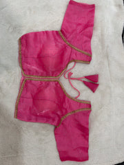Readymade Stretchable Saree Blouse - Pink with Gold Trim, Size 36-40