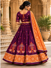 Wine Color Chaniya Choli, Peacock Embroidery, Mustard Bandhani Dupatta, 3 Piece Festive Set