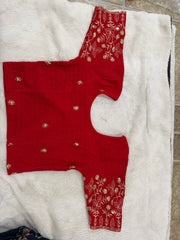 Readymade Stretchable Saree Blouse - Red with Gold Paisley Embroidered Sleeves, Size 36-40