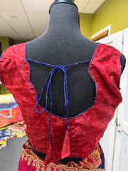 Royal Blue Lehenga Choli / Langa Voni, Red Blouse & Pink Embroidered Dupatta, 3 Piece South Indian Half Saree Set