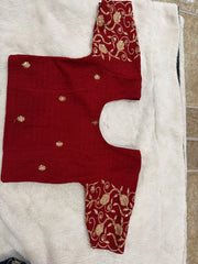 Readymade Stretchable Saree Blouse - Maroon/Red with Gold Paisley Embroidered Sleeves, Size 36-40
