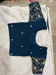 Readymade Stretchable Saree Blouse - Navy with Gold Paisley Embroidered Sleeves, Size 36-40