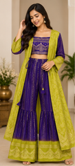 Purple Lime Green Gharara Set with Overcoat, Indian Dola Silk Mica Print 3 Piece Crop Top & Palazzo Pant, Wedding Festive Outfit
