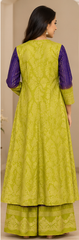 Purple Lime Green Gharara Set with Overcoat, Indian Dola Silk Mica Print 3 Piece Crop Top & Palazzo Pant, Wedding Festive Outfit