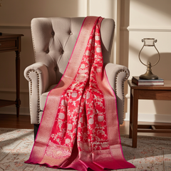 Banarasi Style Red Floral Saree Zari Border - Party Wear Saree