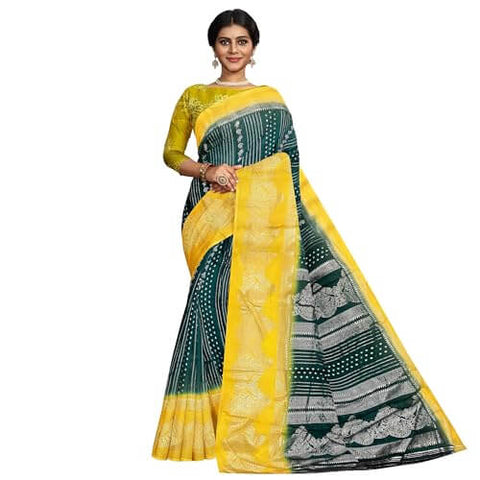 Ta la hi Collections Women's Saree, Silk Saree with Mica print, Indian Traditional Silk Saree for Women, Festival Saree, Wedding Gift Sari -Green and Yellow