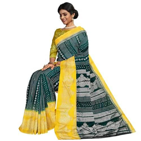 Ta la hi Collections Women's Saree, Silk Saree with Mica print, Indian Traditional Silk Saree for Women, Festival Saree, Wedding Gift Sari -Green and Yellow