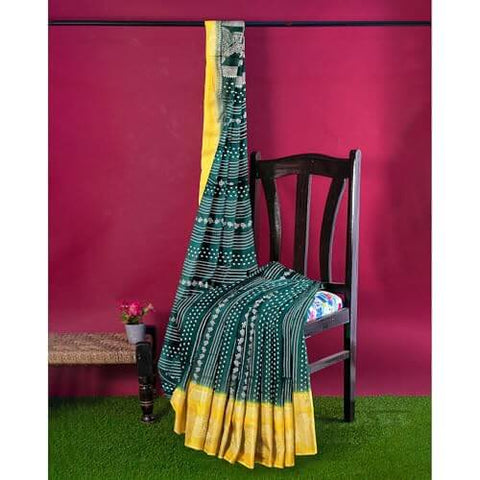 Ta la hi Collections Women's Saree, Silk Saree with Mica print, Indian Traditional Silk Saree for Women, Festival Saree, Wedding Gift Sari -Green and Yellow