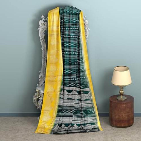 Ta la hi Collections Women's Saree, Silk Saree with Mica print, Indian Traditional Silk Saree for Women, Festival Saree, Wedding Gift Sari -Green and Yellow