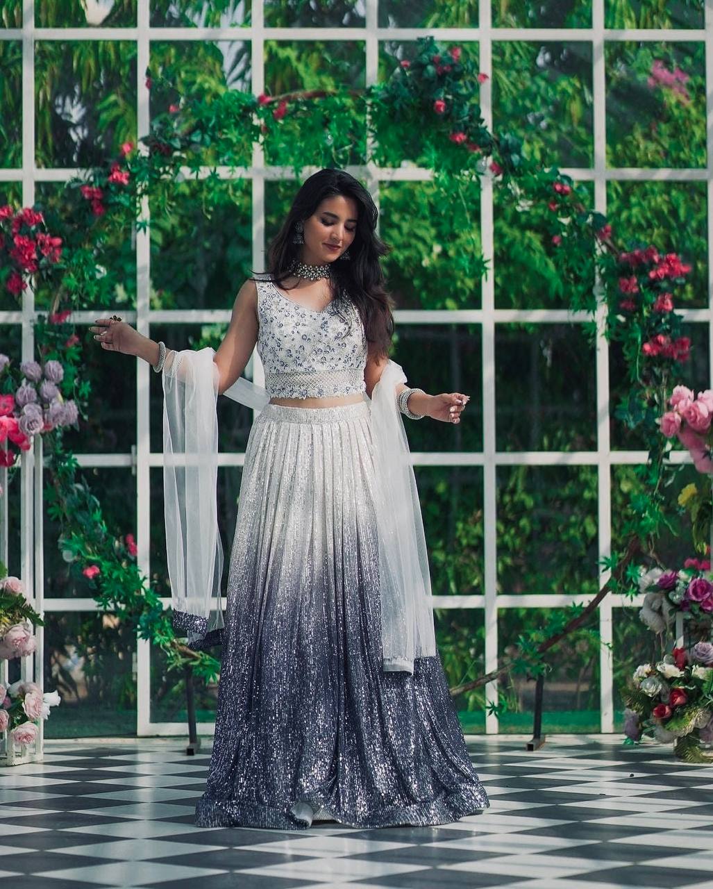 White & Silver Ombre Sequin Lehenga with Embroidered Blouse & Net Dupatta