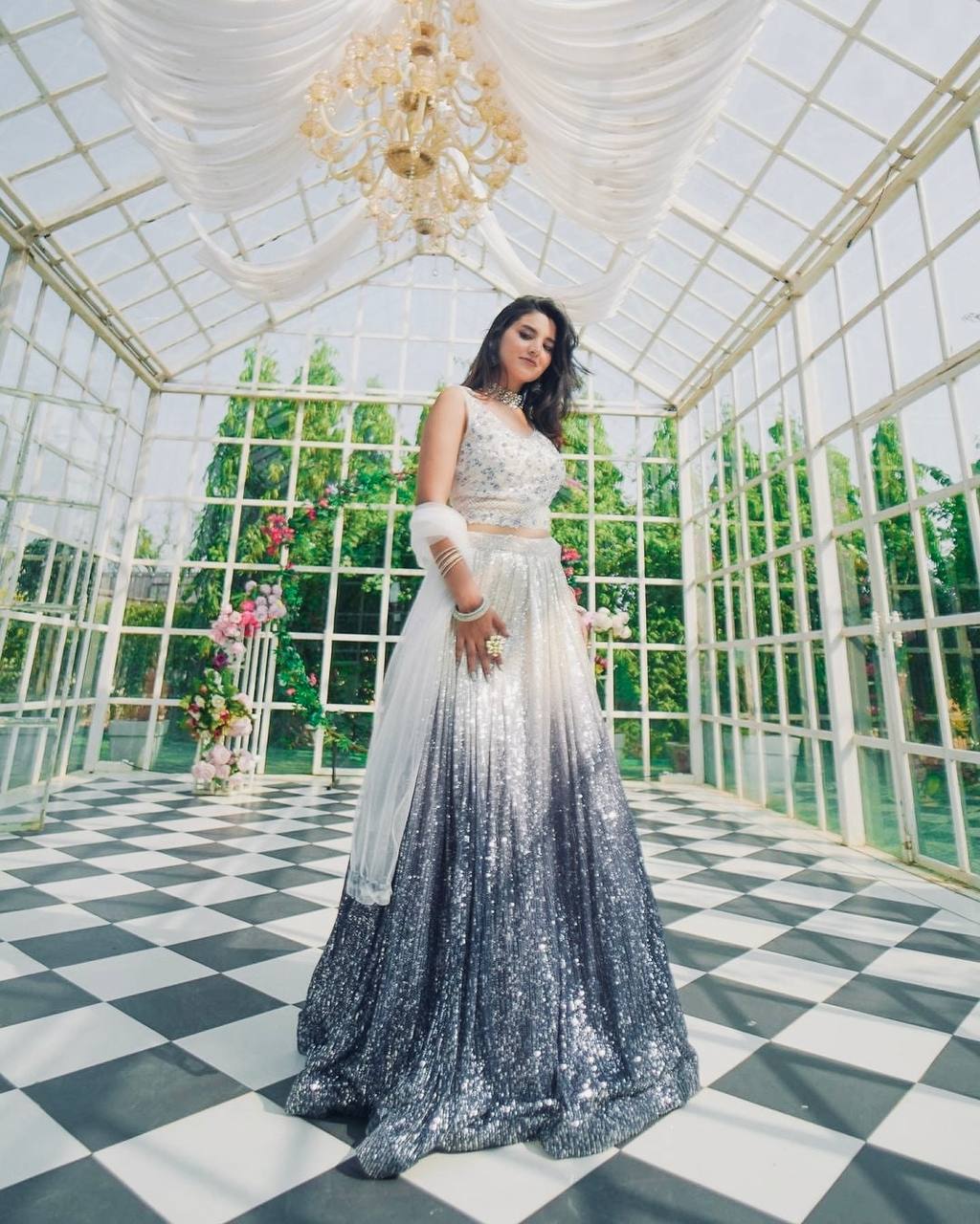 White & Silver Ombre Sequin Lehenga with Embroidered Blouse & Net Dupatta