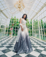 White & Silver Ombre Sequin Lehenga with Embroidered Blouse & Net Dupatta