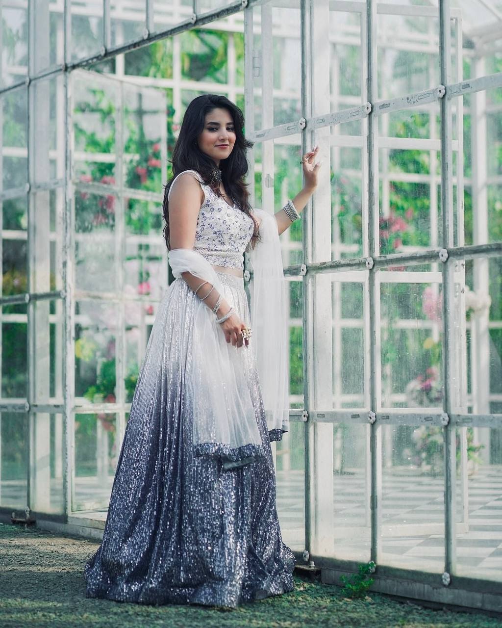 White & Silver Ombre Sequin Lehenga with Embroidered Blouse & Net Dupatta