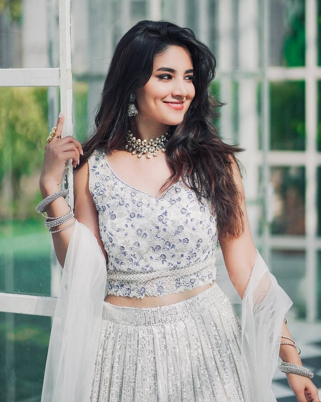White & Silver Ombre Sequin Lehenga with Embroidered Blouse & Net Dupatta