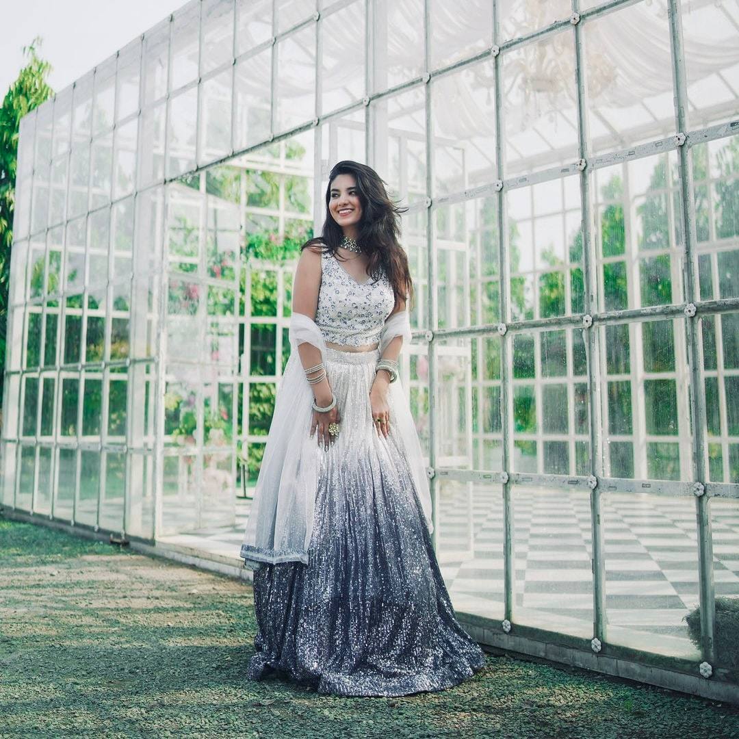 White & Silver Ombre Sequin Lehenga with Embroidered Blouse & Net Dupatta