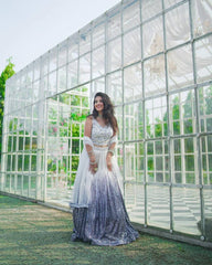 White & Silver Ombre Sequin Lehenga with Embroidered Blouse & Net Dupatta