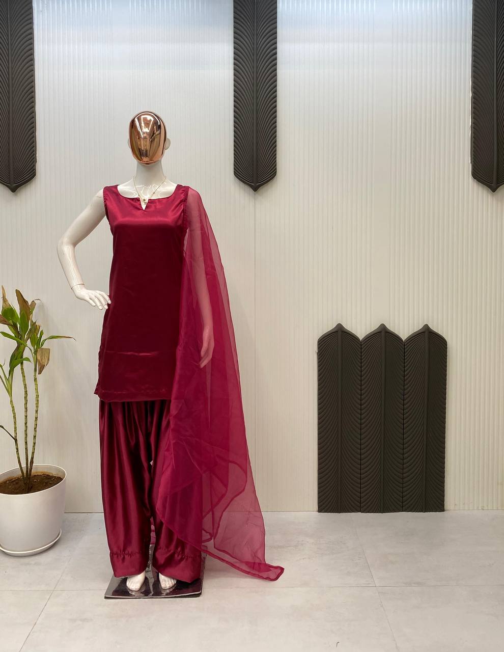 Solid Satin Patiala Suit Set with Organza Dupatta (Fully Stitched) Fabric & Work Details