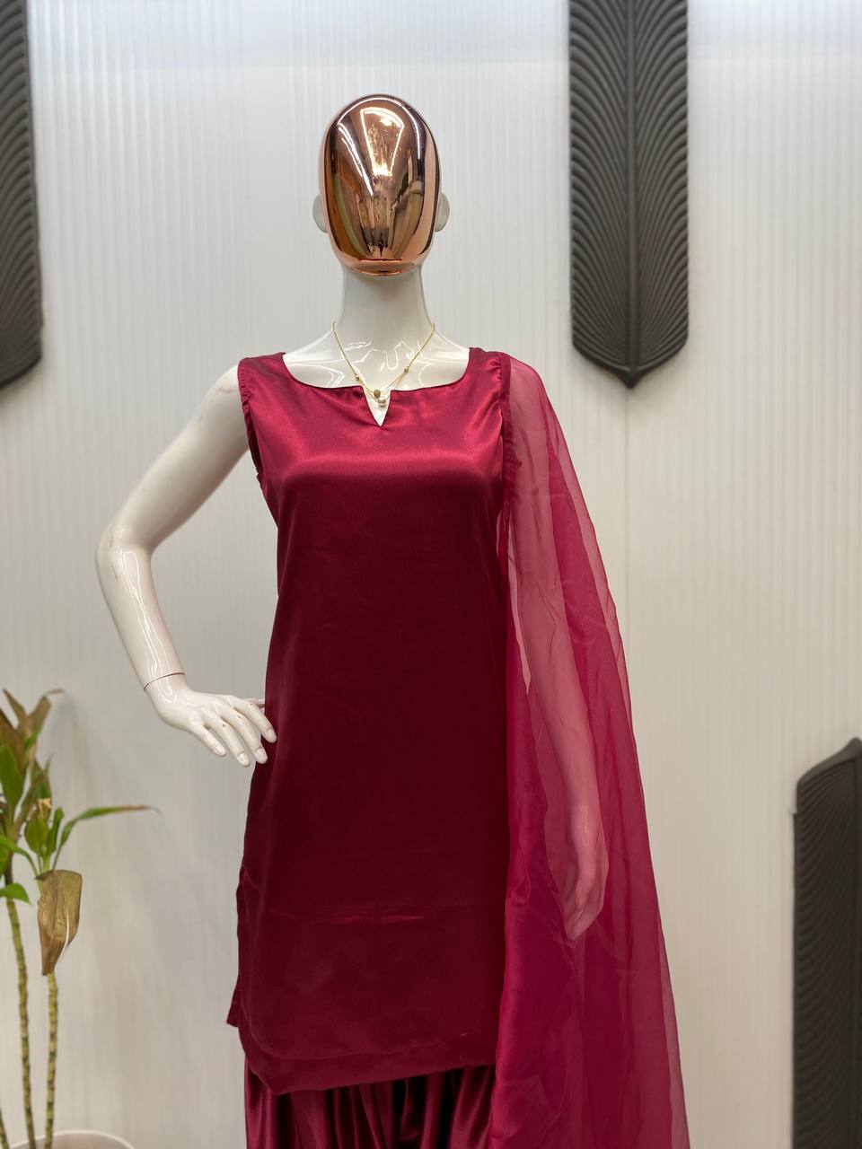 Solid Satin Patiala Suit Set with Organza Dupatta (Fully Stitched) Fabric & Work Details
