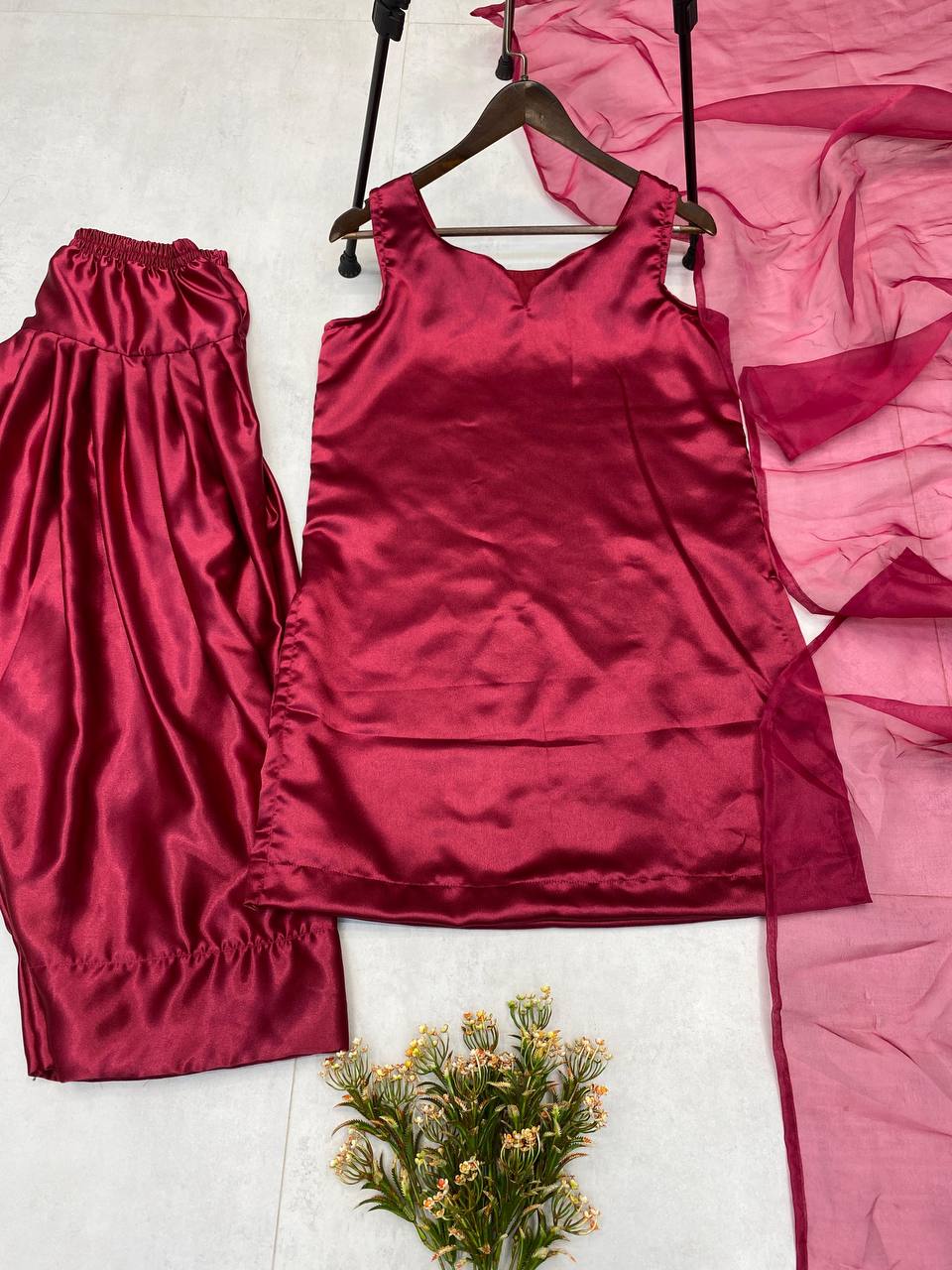 Solid Satin Patiala Suit Set with Organza Dupatta (Fully Stitched) Fabric & Work Details