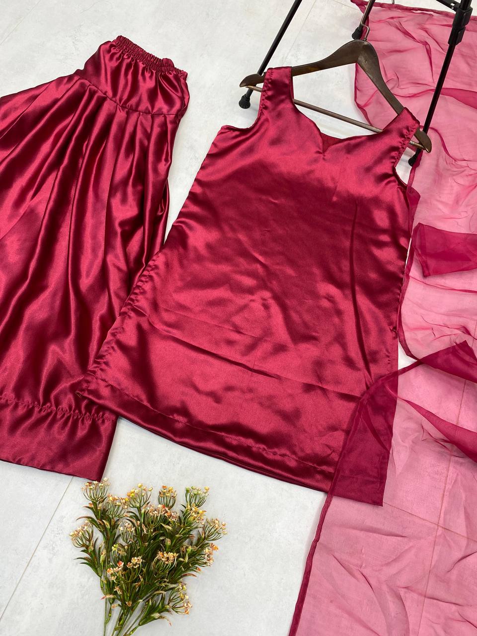 Solid Satin Patiala Suit Set with Organza Dupatta (Fully Stitched) Fabric & Work Details