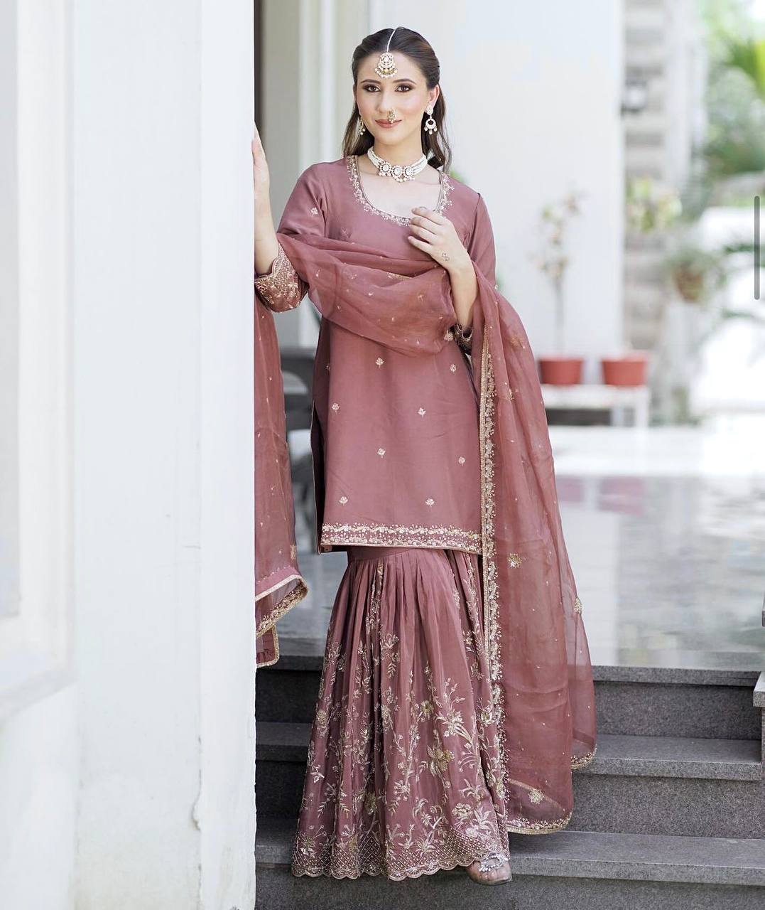 New Launch: Dusty Rose Embroidered Sharara Suit Set (Fully Stitched)