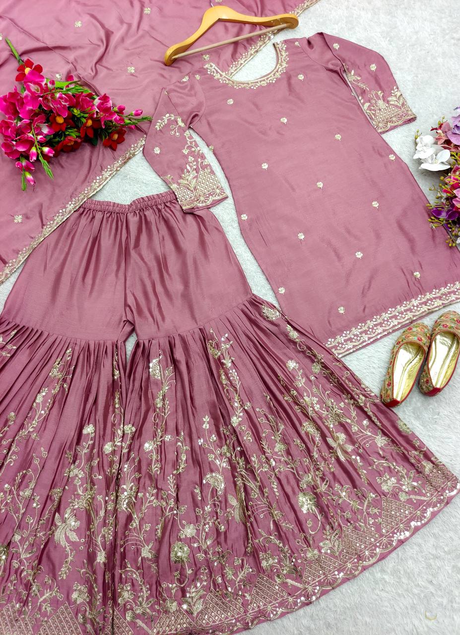 New Launch: Dusty Rose Embroidered Sharara Suit Set (Fully Stitched)