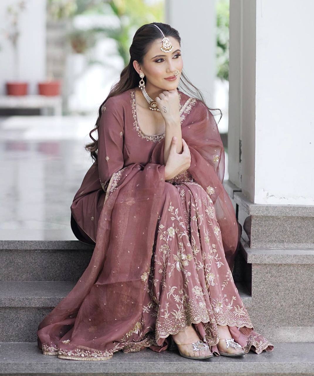 New Launch: Dusty Rose Embroidered Sharara Suit Set (Fully Stitched)