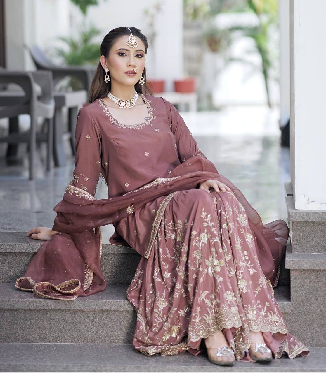 New Launch: Dusty Rose Embroidered Sharara Suit Set (Fully Stitched)