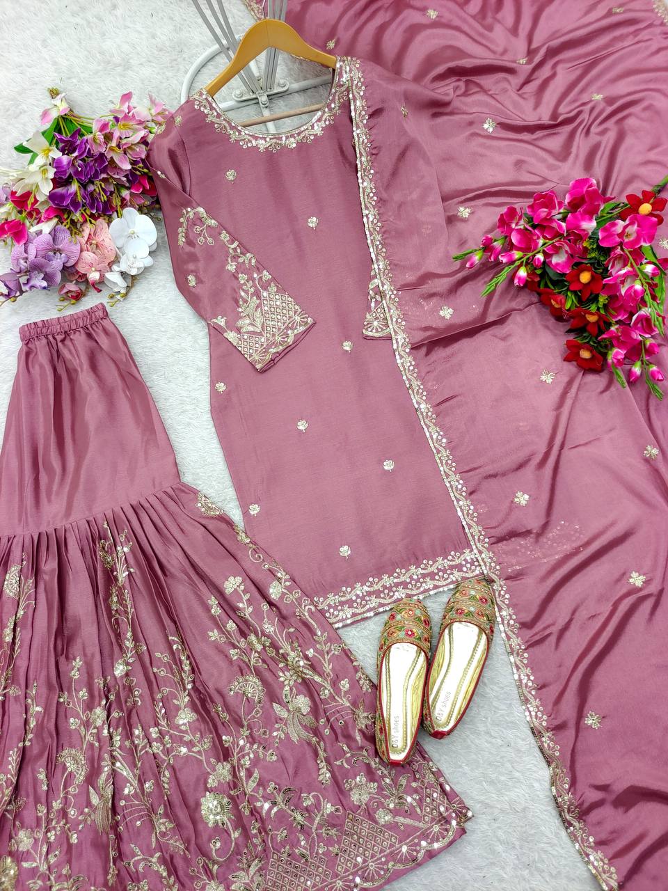 New Launch: Dusty Rose Embroidered Sharara Suit Set (Fully Stitched)