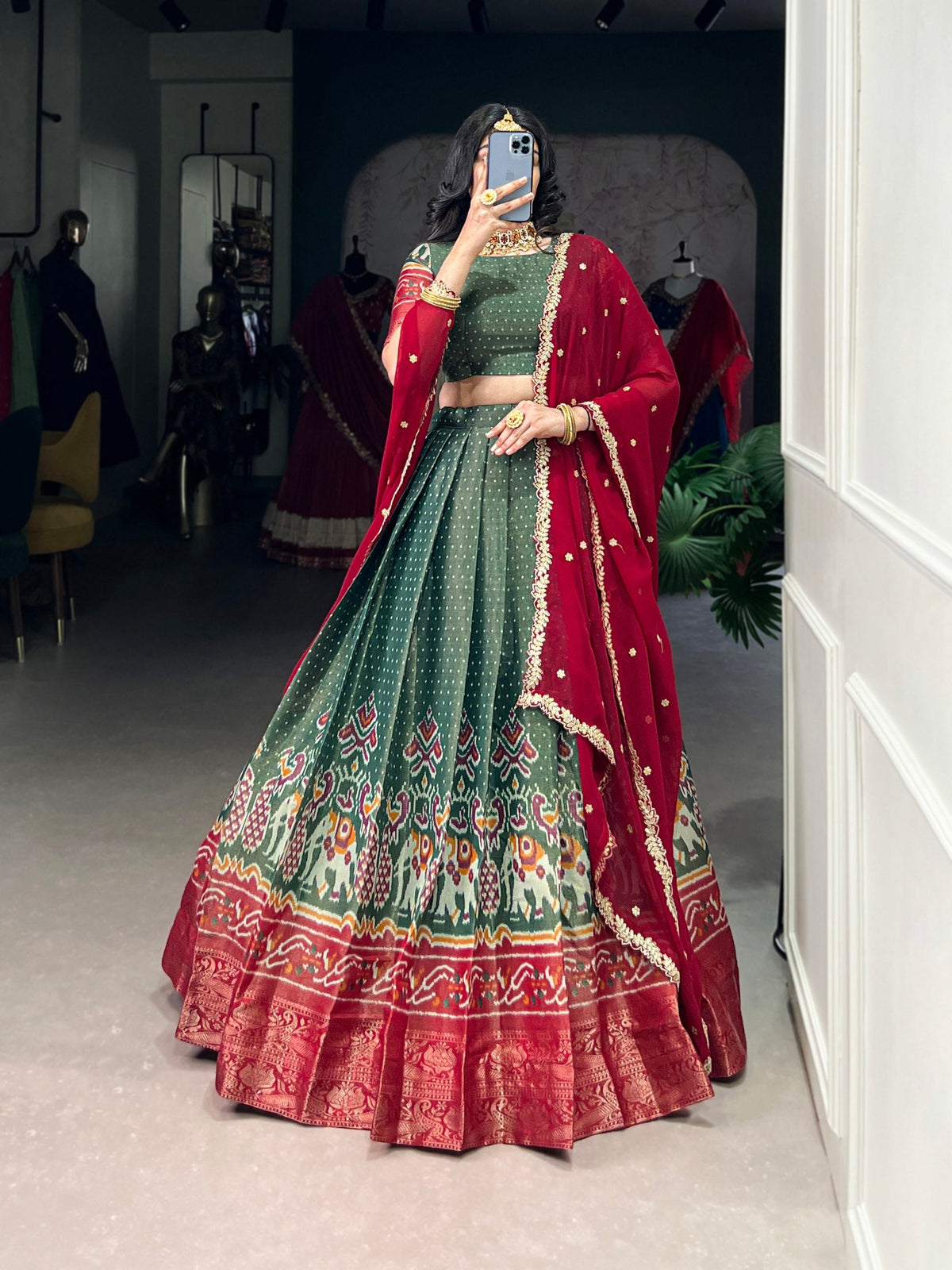 Print Silk Lehenga with Red Dupatta