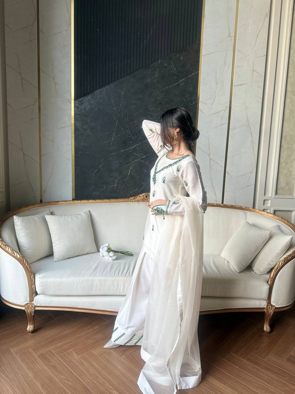 White Embroidered Suit Set (Fully Stitched) Fabric & Work Details