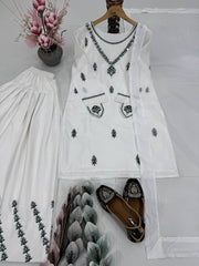 White Embroidered Suit Set (Fully Stitched) Fabric & Work Details