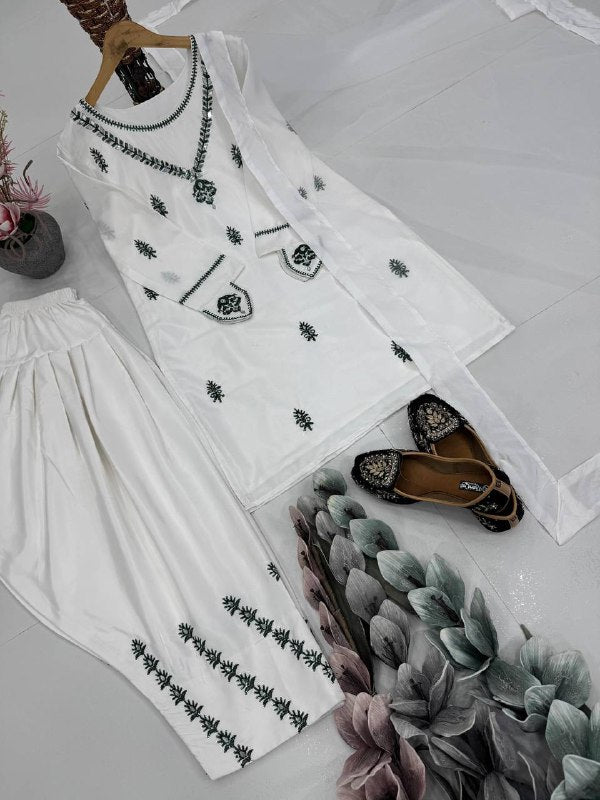 White Embroidered Suit Set (Fully Stitched) Fabric & Work Details