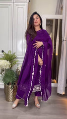 Royal Radiance: Deep Purple Mirror Work Suit Set (Fully Stitched)