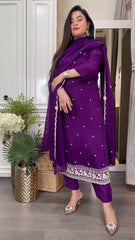 Royal Radiance: Deep Purple Mirror Work Suit Set (Fully Stitched)
