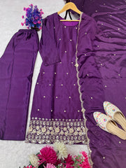 Royal Radiance: Deep Purple Mirror Work Suit Set (Fully Stitched)
