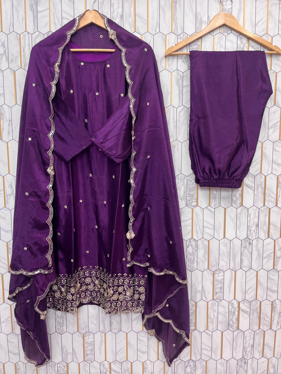 Royal Radiance: Deep Purple Mirror Work Suit Set (Fully Stitched)