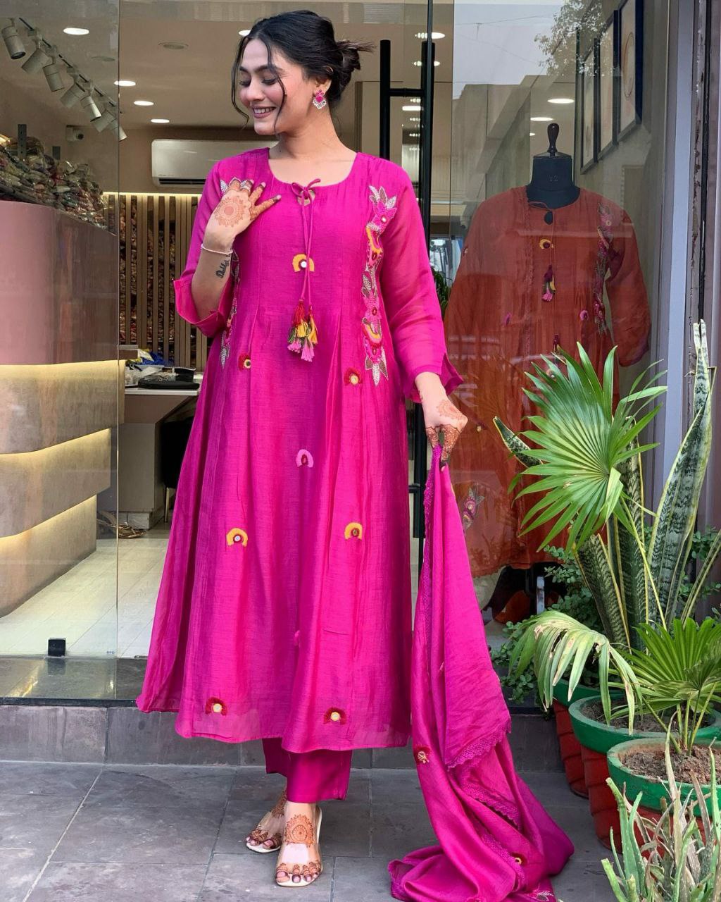 New Launch: Designer Magenta Embroidered Kurti Pant Dupatta Set (Fully Stitched)