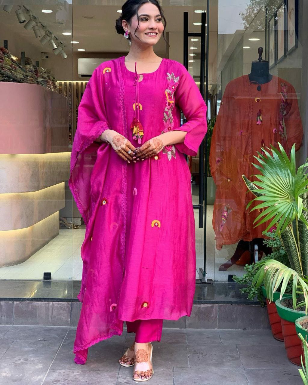 New Launch: Designer Magenta Embroidered Kurti Pant Dupatta Set (Fully Stitched)