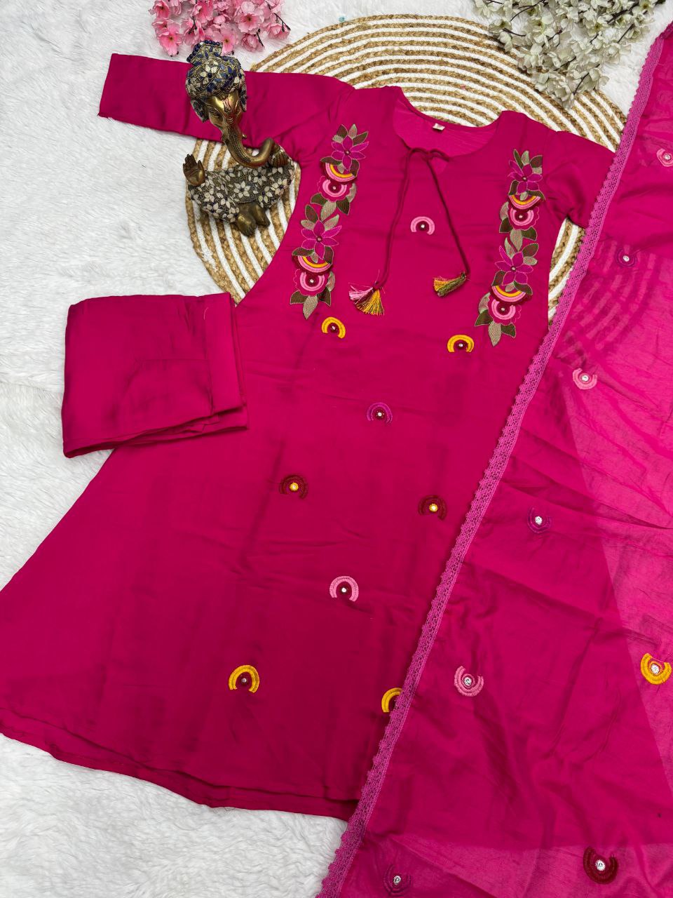 New Launch: Designer Magenta Embroidered Kurti Pant Dupatta Set (Fully Stitched)